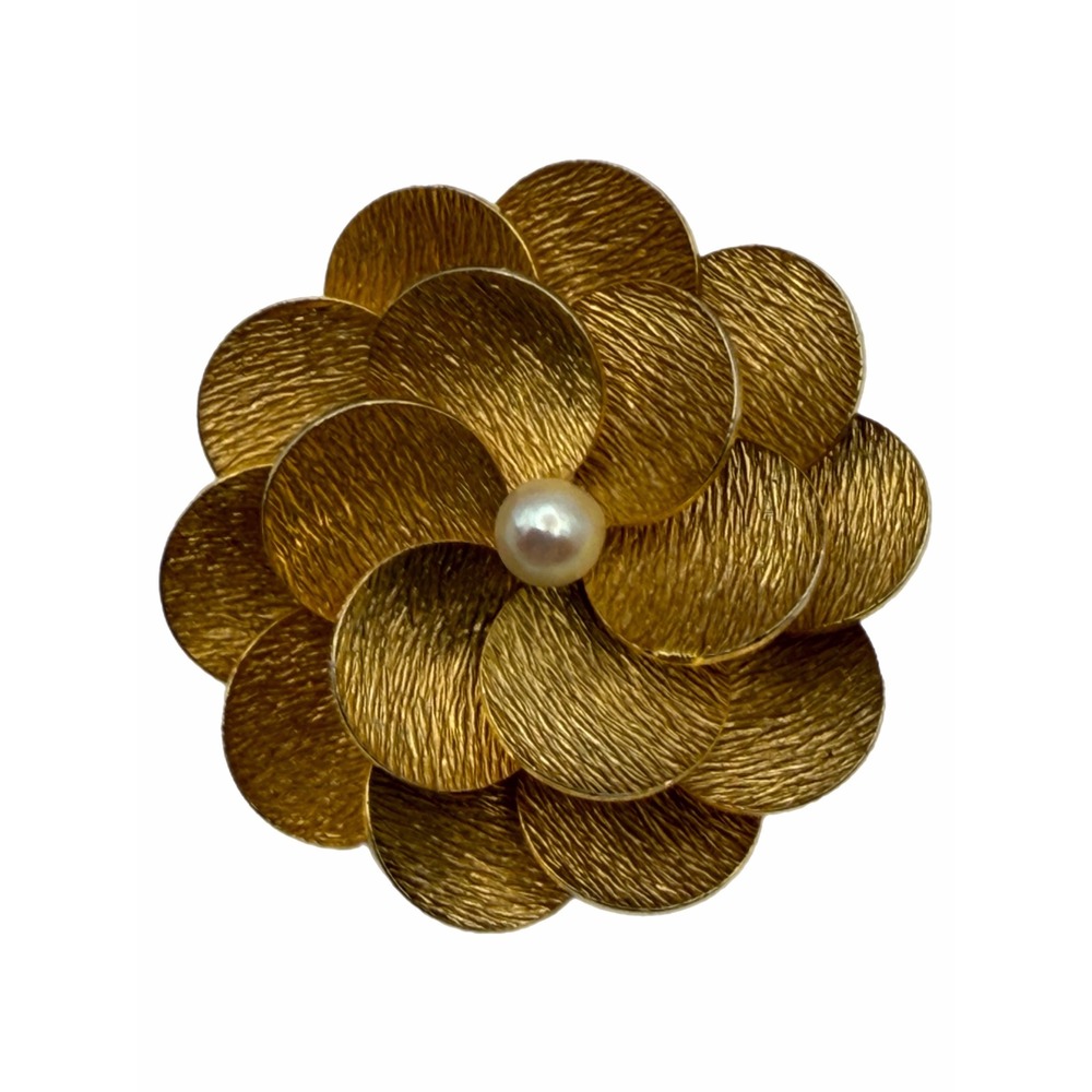 Vintage Ekelund Gold Tone Textured Petal Flower Brooch Faux Pearl Center Pin